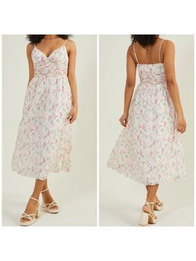 Lena Floral Ruched Pleated Waist Embroidered Trim Spaghetti Straps Midi Dress